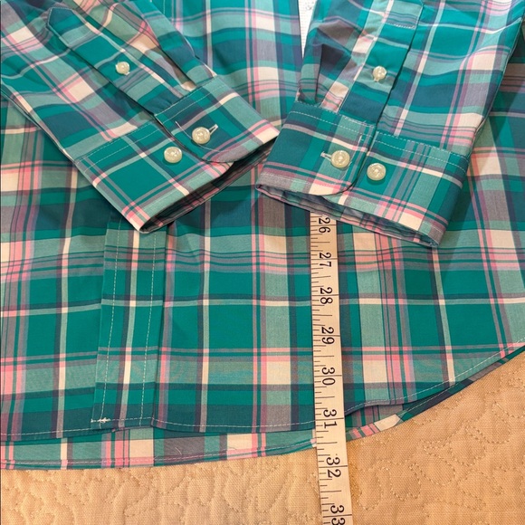 Crown & Ivy Size Large Classic Fit Teal & White Plaid Button-Down Cotton Shirt - Picture 5 of 7